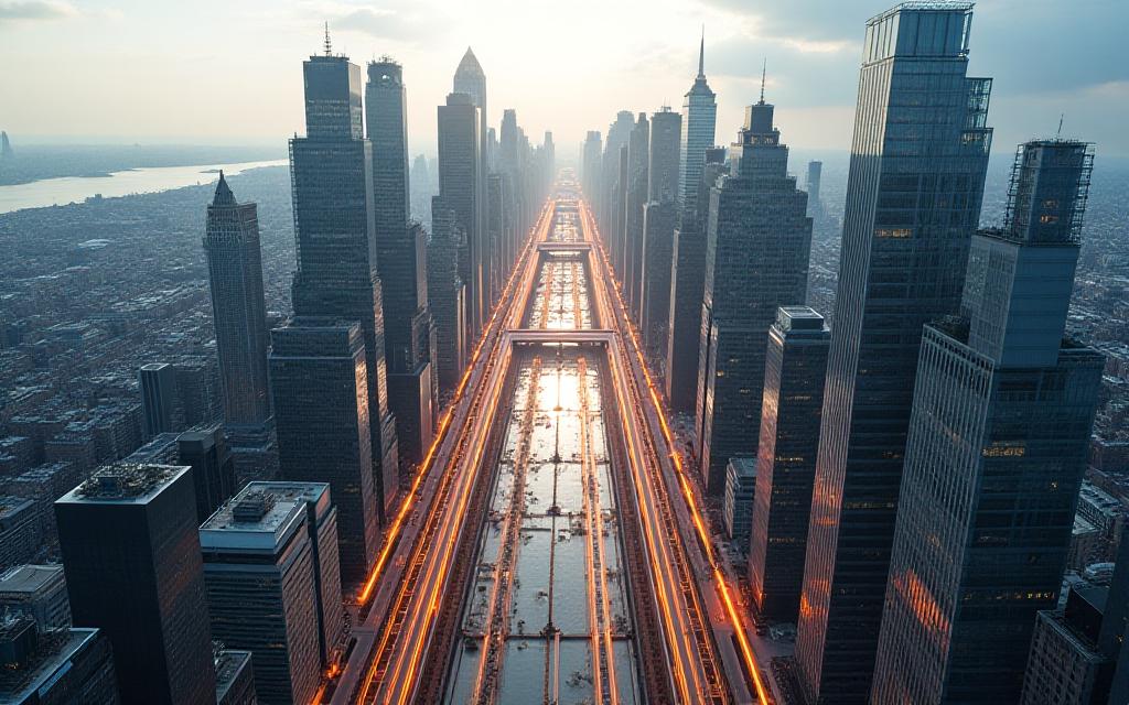 Aerial view of a high-density urban commercial center infrastructure diagram