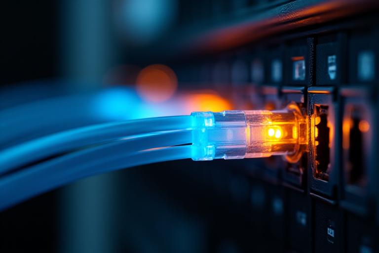 Macro shot of a high-speed fiber optic server interface